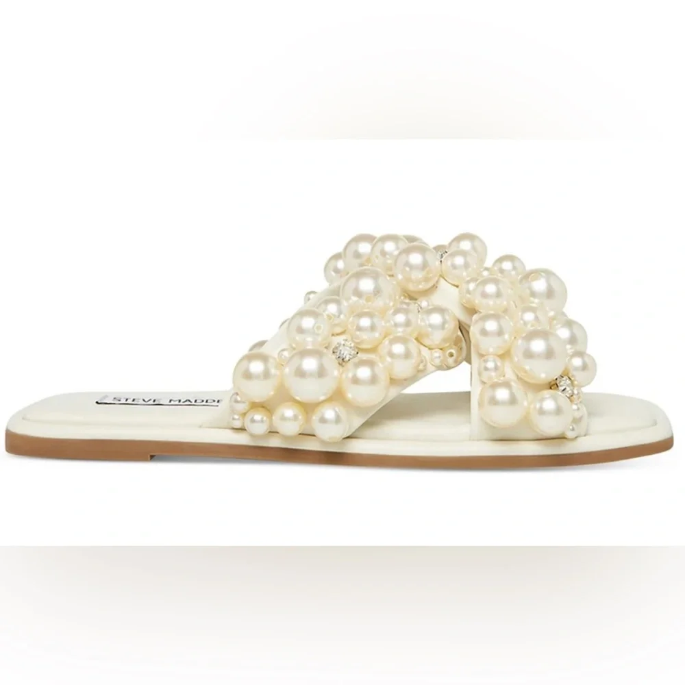 Steve Madden Duri Womens Embellished Imitation Pearl Slide Sandals - Picture 2 of 5